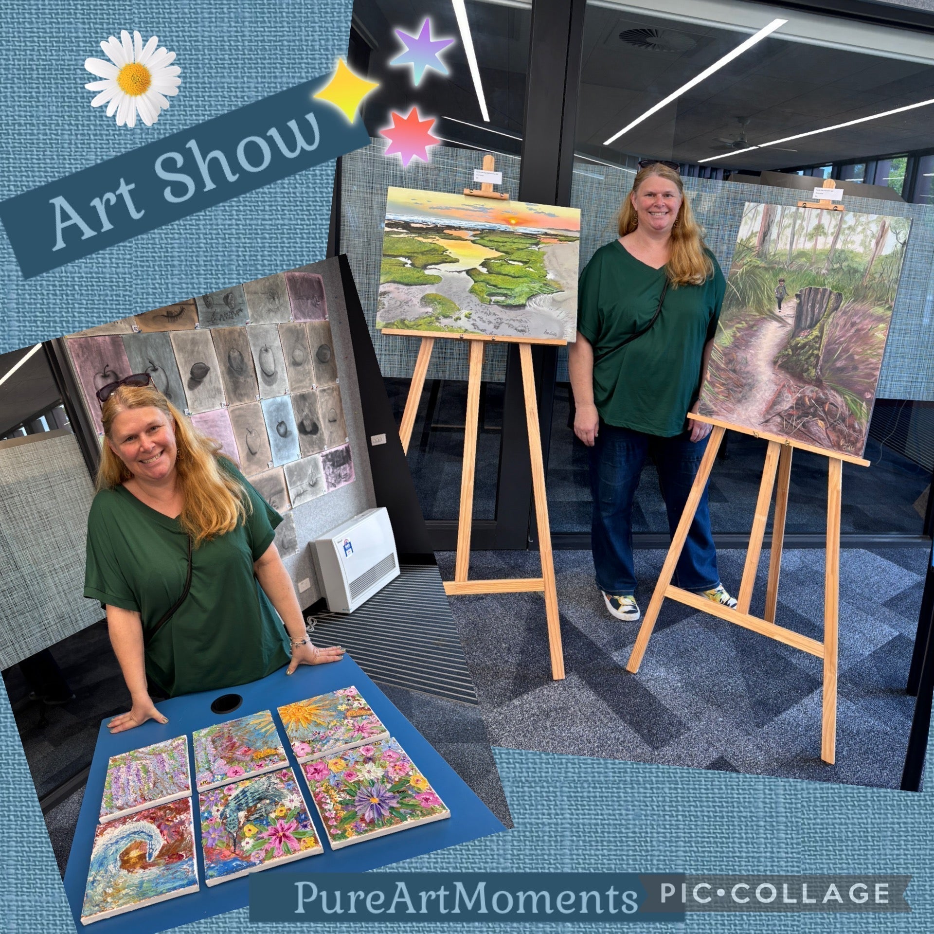 Pam Colla with her original artworks at the Bellarine Arts Trail exhibition at Bellarine High School, including oil paintings and abstract polymer works